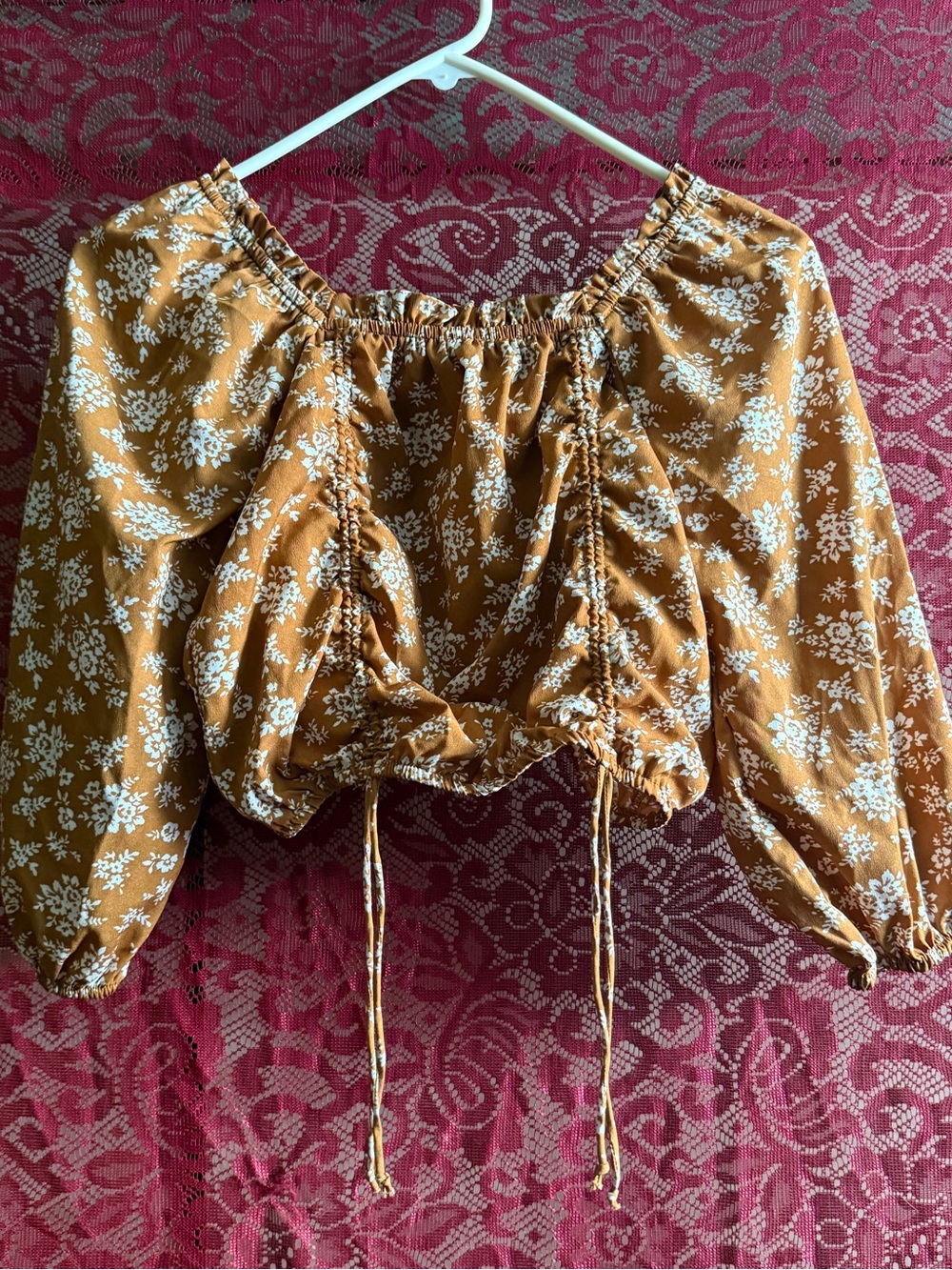 Speed Limit MPH Rust Floral Ruched Crop Top Boho Off Shoulder Blouse Size M